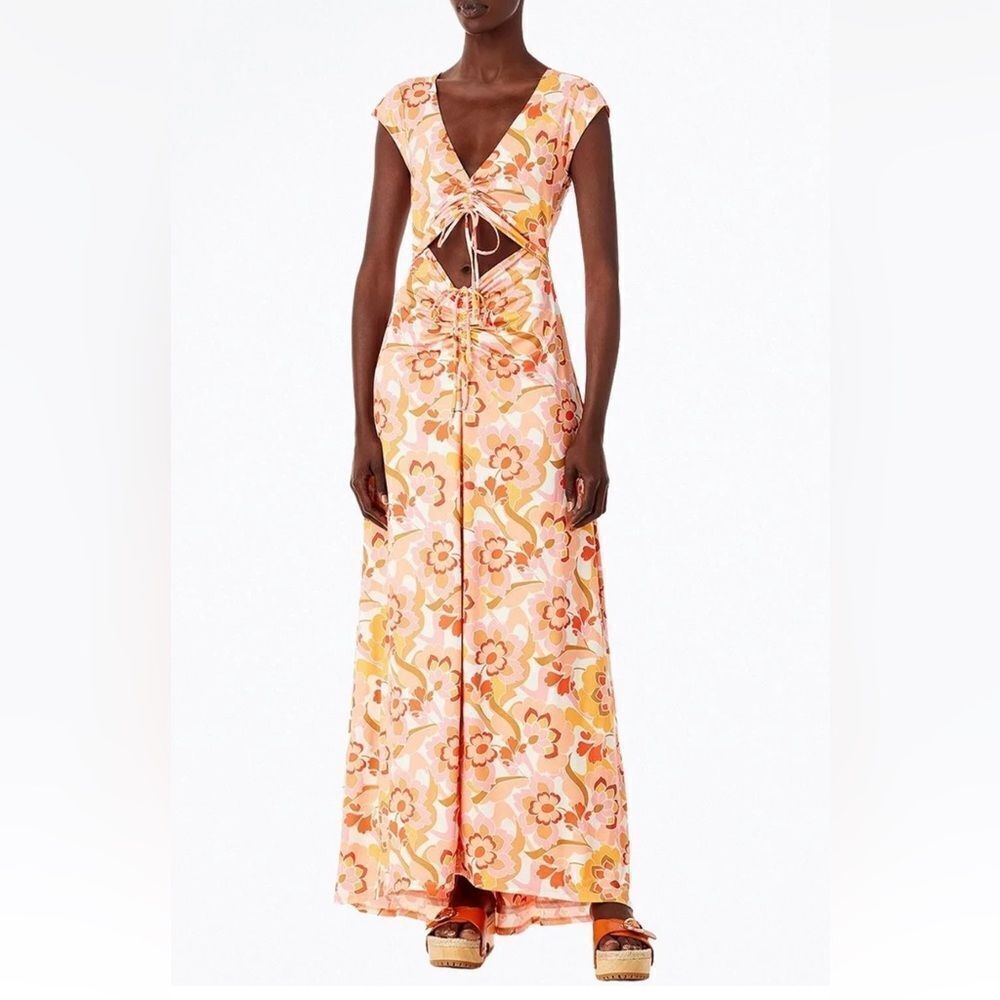 AFRM Lizette Cutout Slinky Knit Maxi Dress Vintage Coral Floral Sz XS NWT